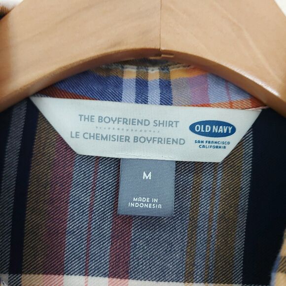 Old Navy The Boyfriend Shirt Womens Medium Blue Brown Plaid Button Long Sleeve - Picture 10 of 11
